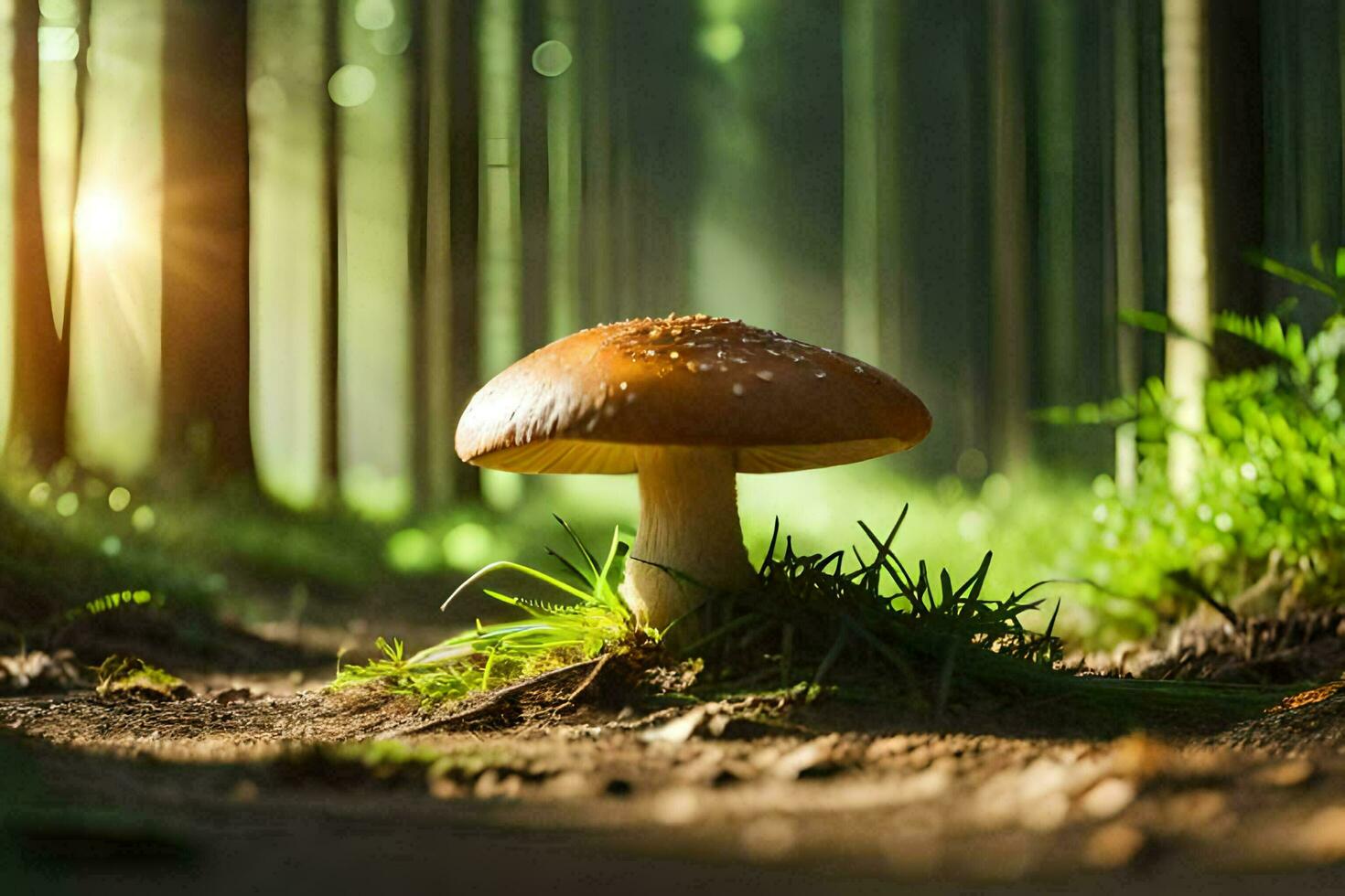 AI generated a mushroom is standing in the middle of a forest photo