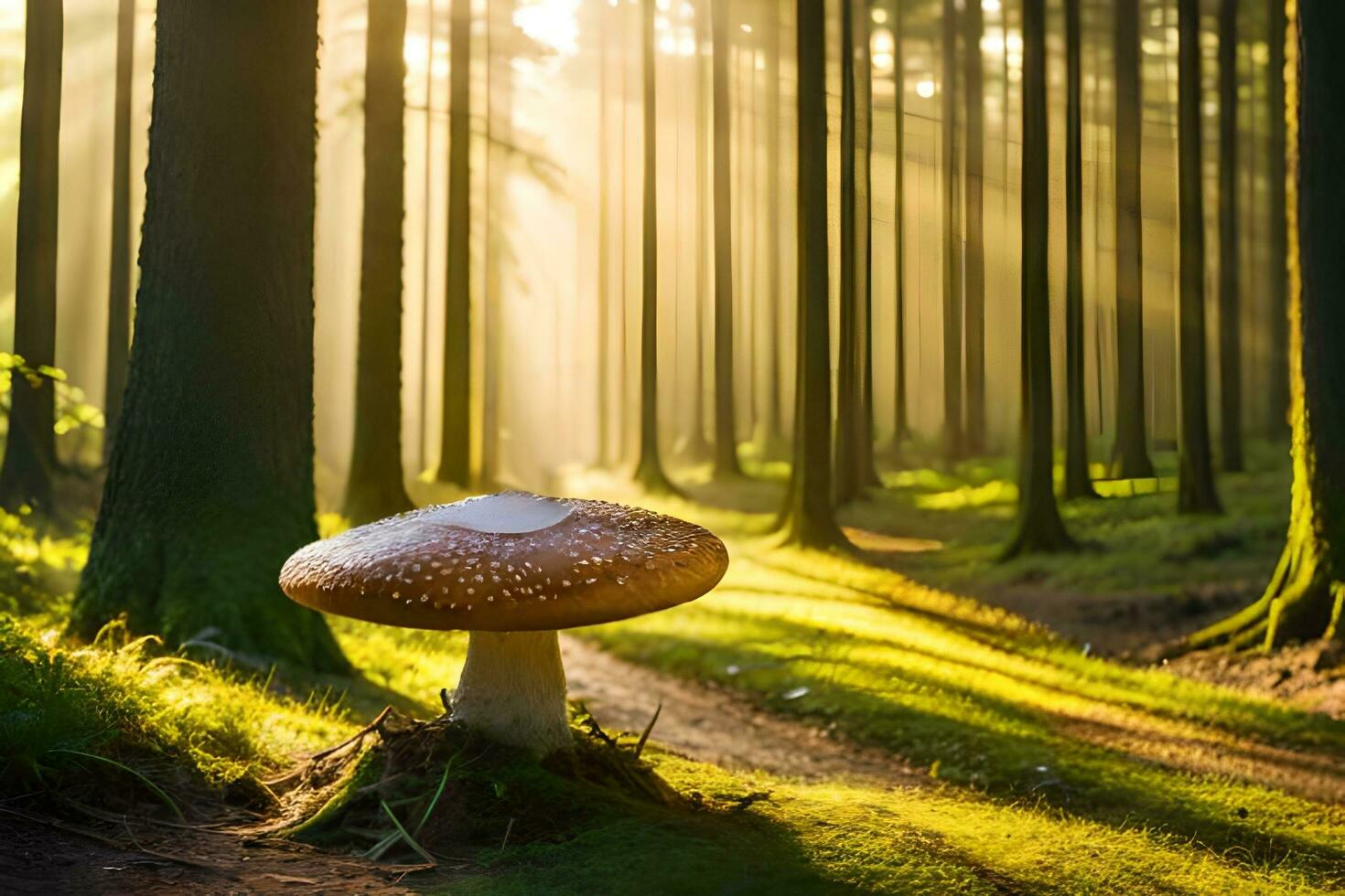 AI generated a mushroom sits in the middle of a forest photo