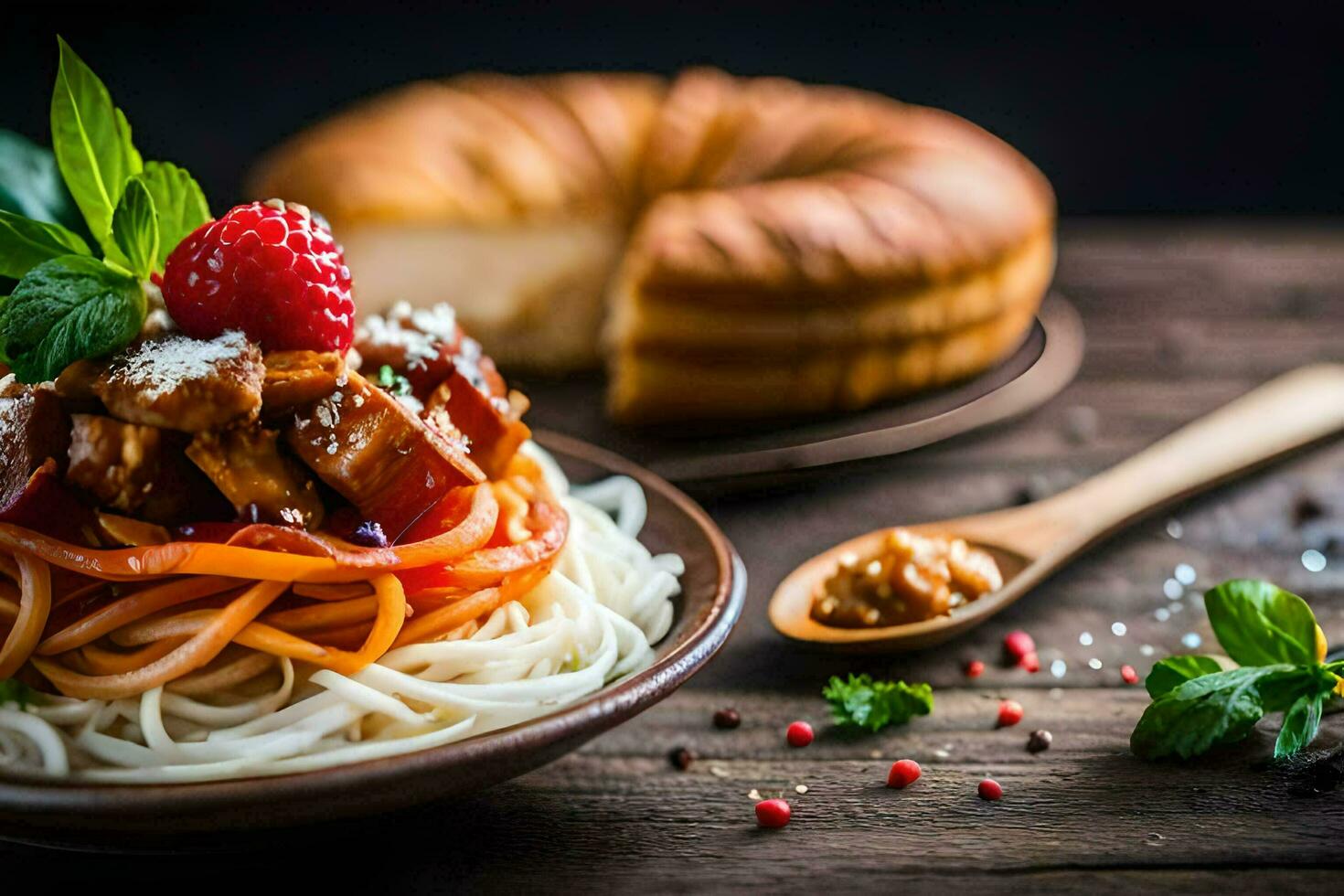 chicken and noodles in a bowl with a slice of bread. AI-Generated photo