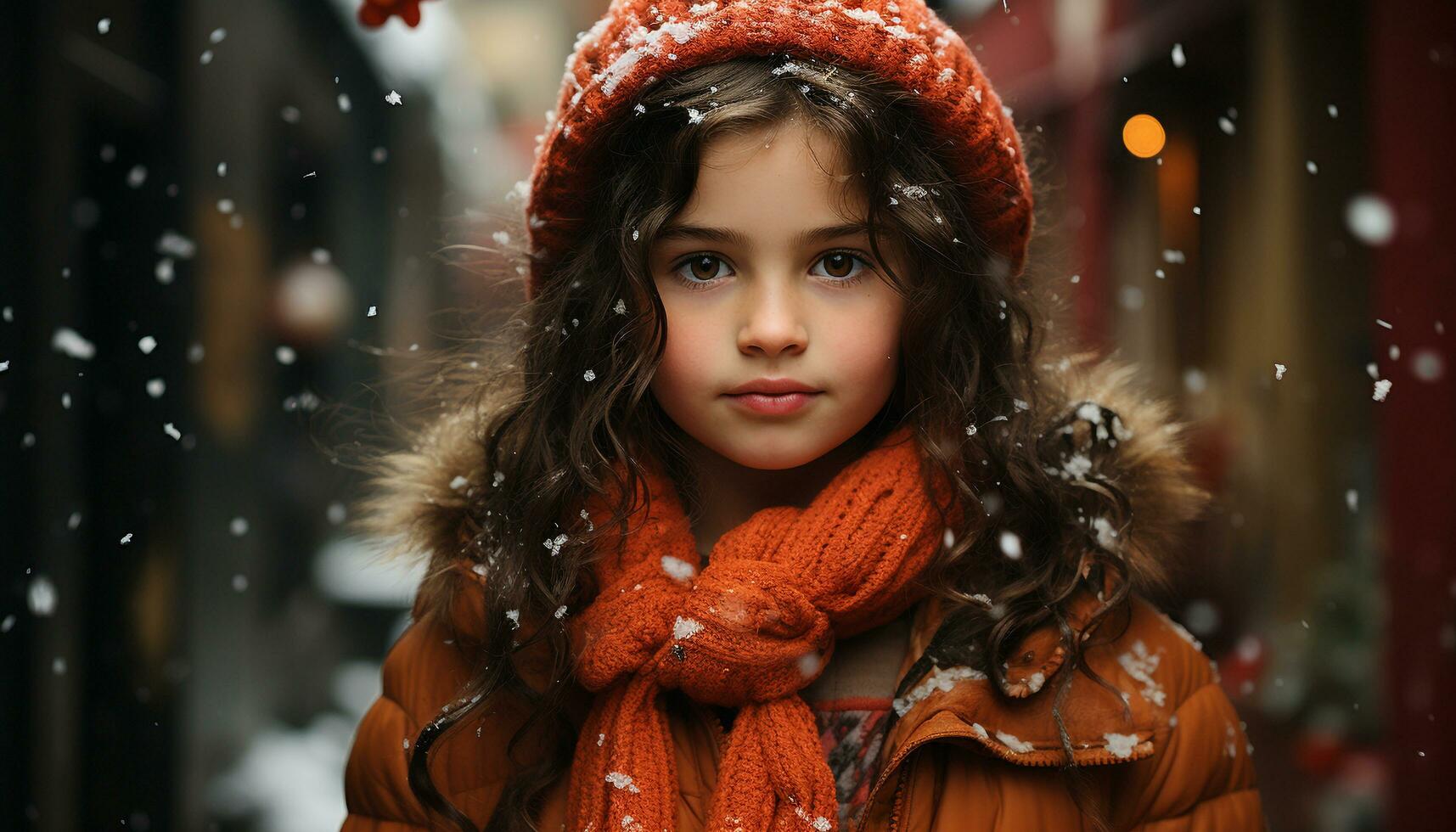 ai generado sonriente invierno belleza, linda niña en calentar ropa, mirando alegre generado por ai foto