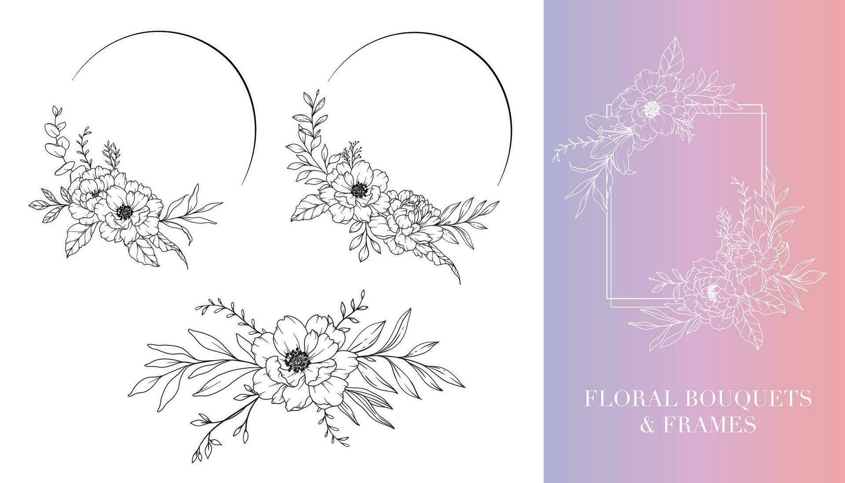 Peony Line Drawing. Floral Frames and Bouquets. Floral Line Art. Fine Line Peony Frames Hand Drawn Illustration. Hand Drawn Outline Magnolias. Botanical Coloring Page. Peony Isolated vector