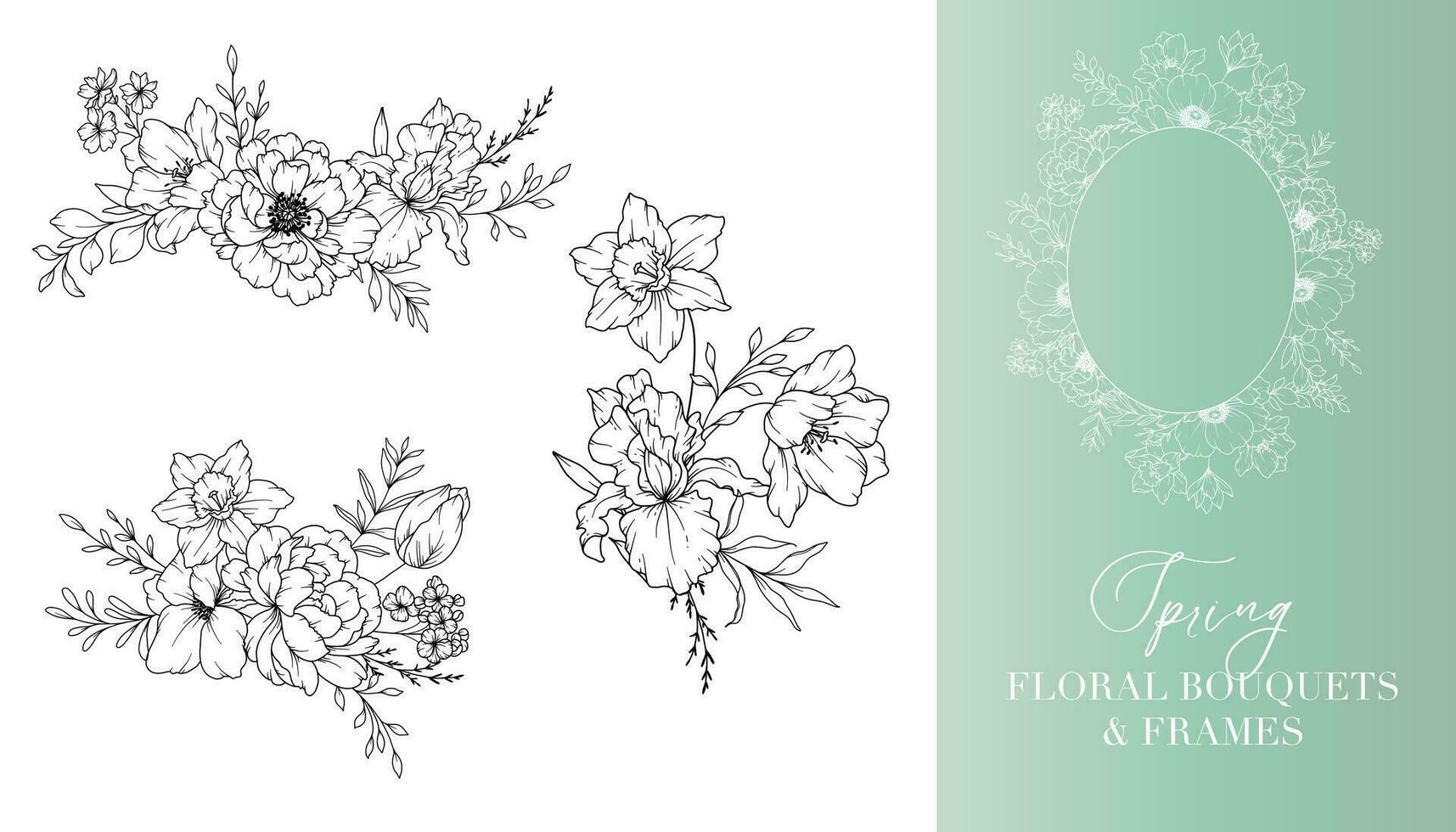 primavera flores línea dibujo. floral marcos y ramos de flores floral línea Arte. multa línea primavera marcos mano dibujado ilustración. mano dibujado contorno flores Boda invitaciones y tarjetas diseño elemento vector