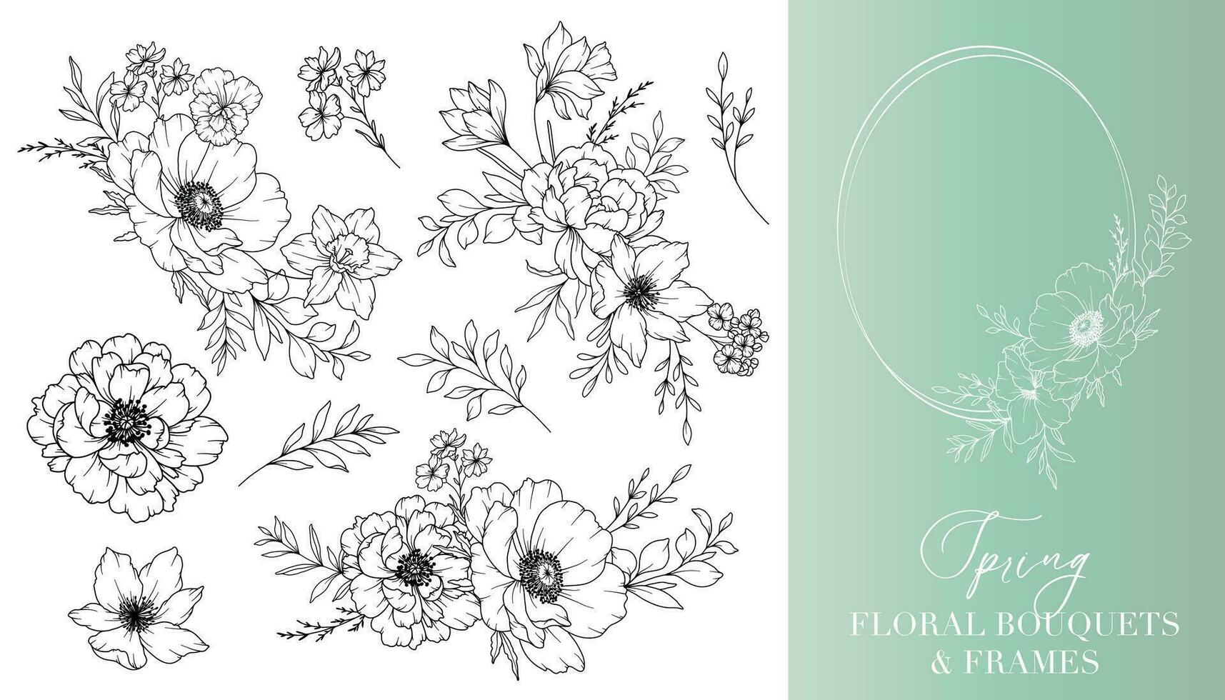 Spring Flowers Line Drawing. Floral Frames and Bouquets. Floral Line Art. Fine Line Spring Frames Hand Drawn Illustration. Hand Drawn Outline Flowers. Wedding Invitations and Cards design element vector