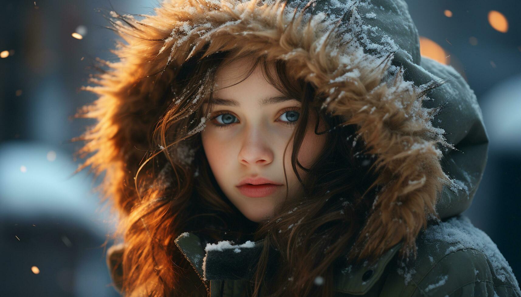 AI generated Smiling winter beauty, cute girl in warm clothing, looking cheerful generated by AI photo