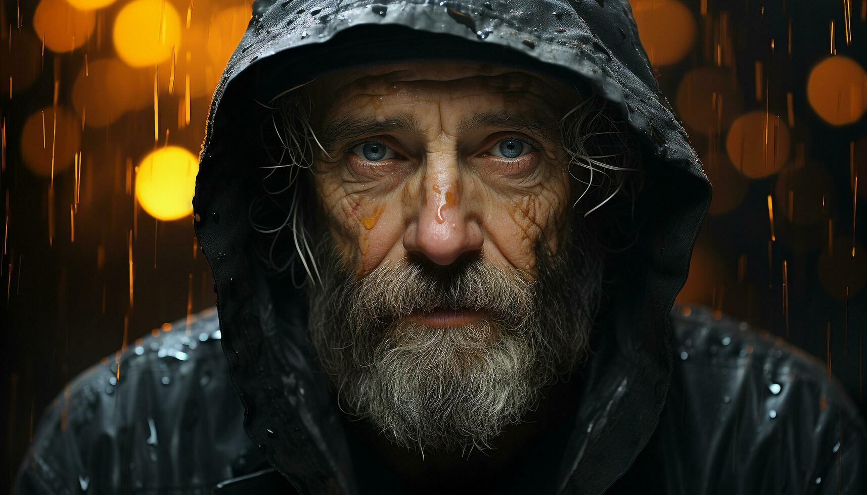 AI generated A mature man with gray hair looking sad in the rain generated by AI photo