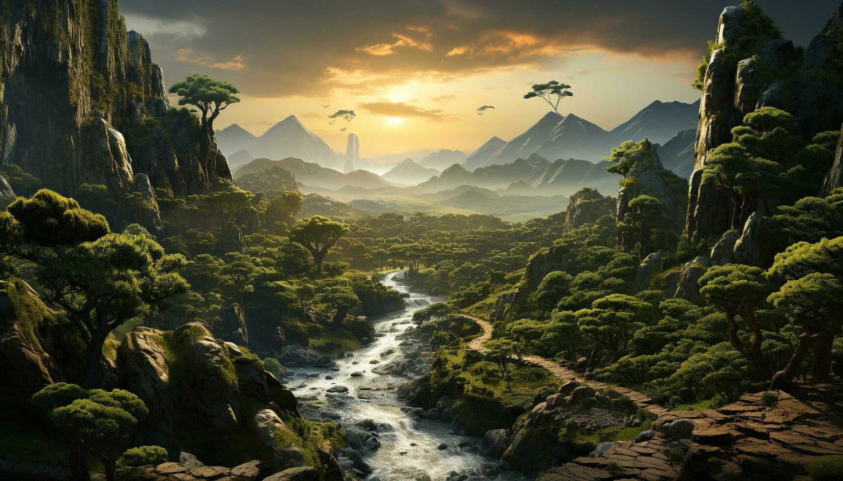 AI generated Nature beauty  mountain landscape, forest, sunset, water, travel, cliff generated by AI photo