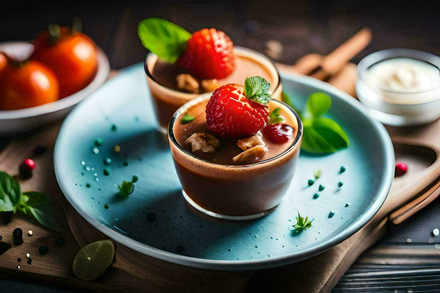 two chocolate desserts with strawberries and nuts on a plate. AI-Generated photo