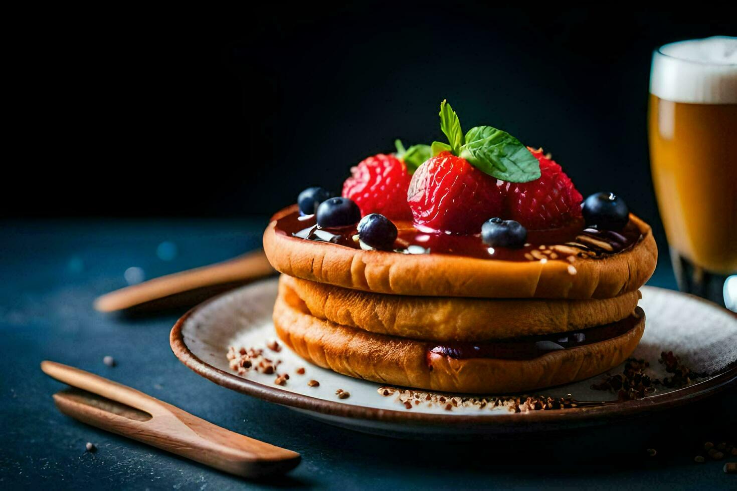 a stack of pancakes with berries and a glass of beer. AI-Generated photo