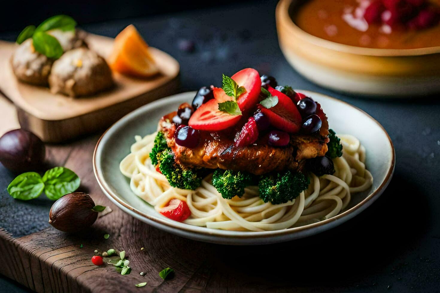 a plate of spaghetti with broccoli and tomatoes. AI-Generated photo