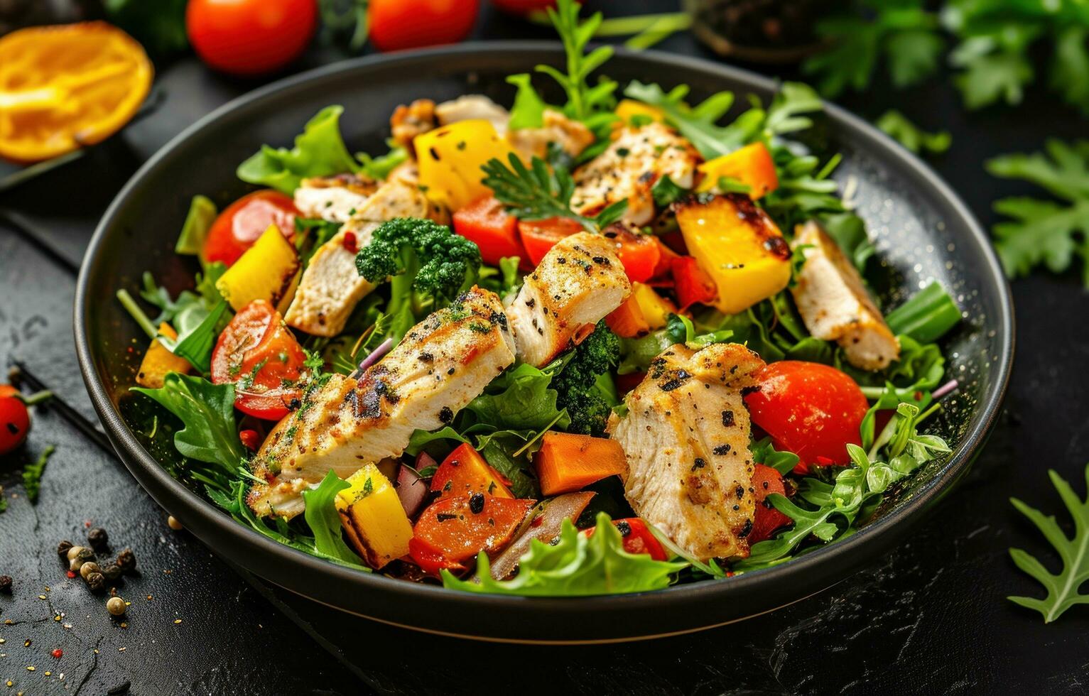 AI generated chicken salad on table with vegetables photo