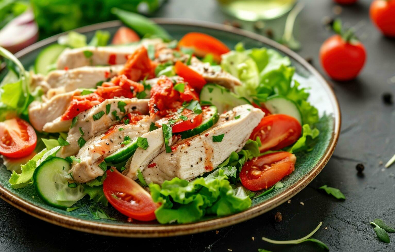 AI generated chicken salad on table with vegetables photo