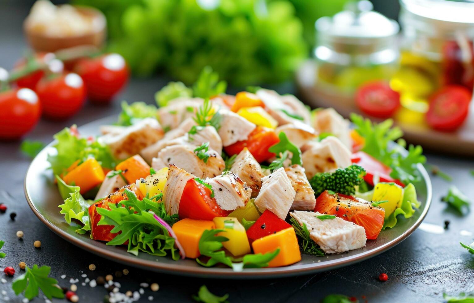 AI generated chicken salad on table with vegetables photo