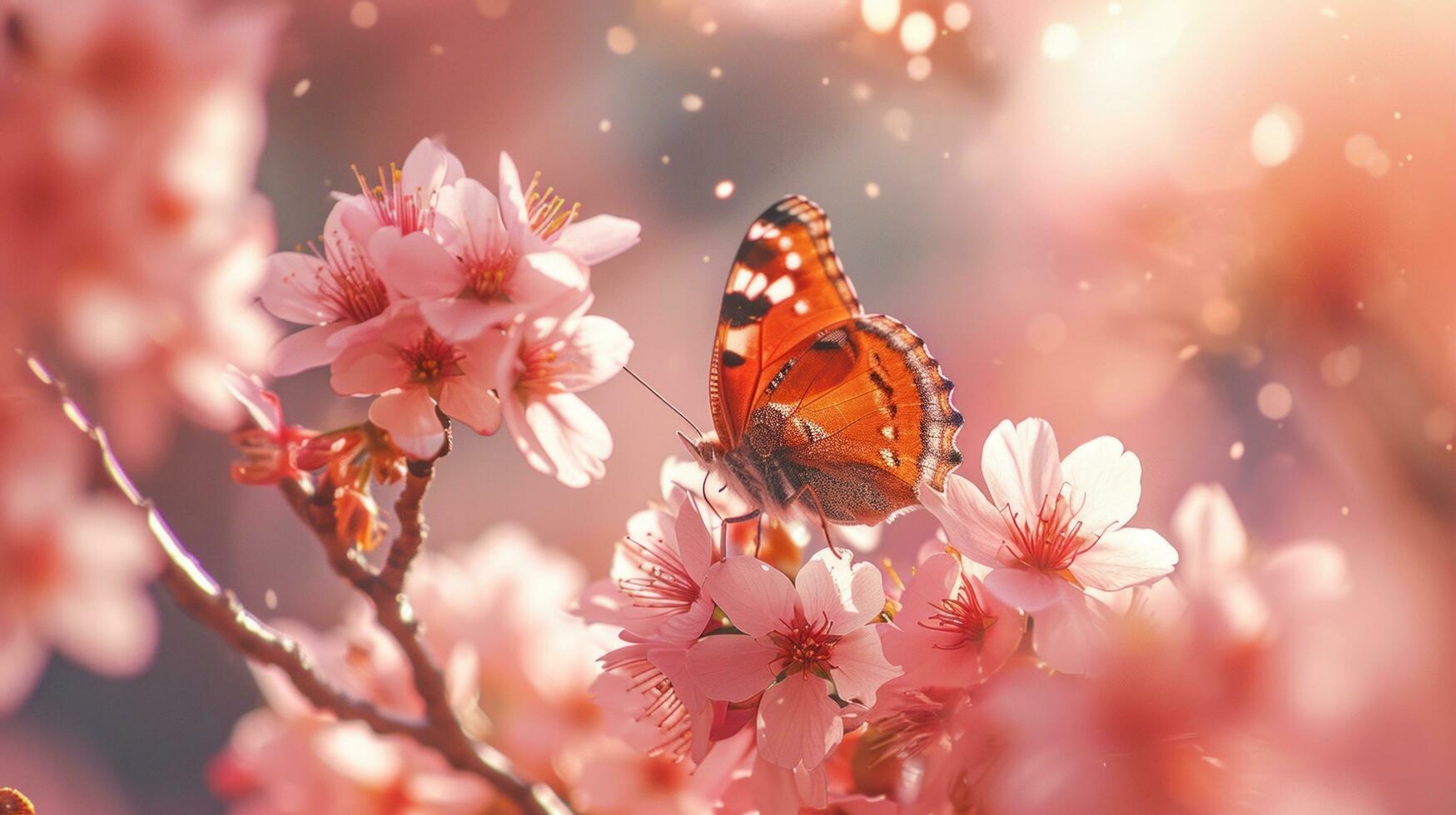 AI generated Pink petals, butterflies, and blooming trees create a springtime enchantment photo