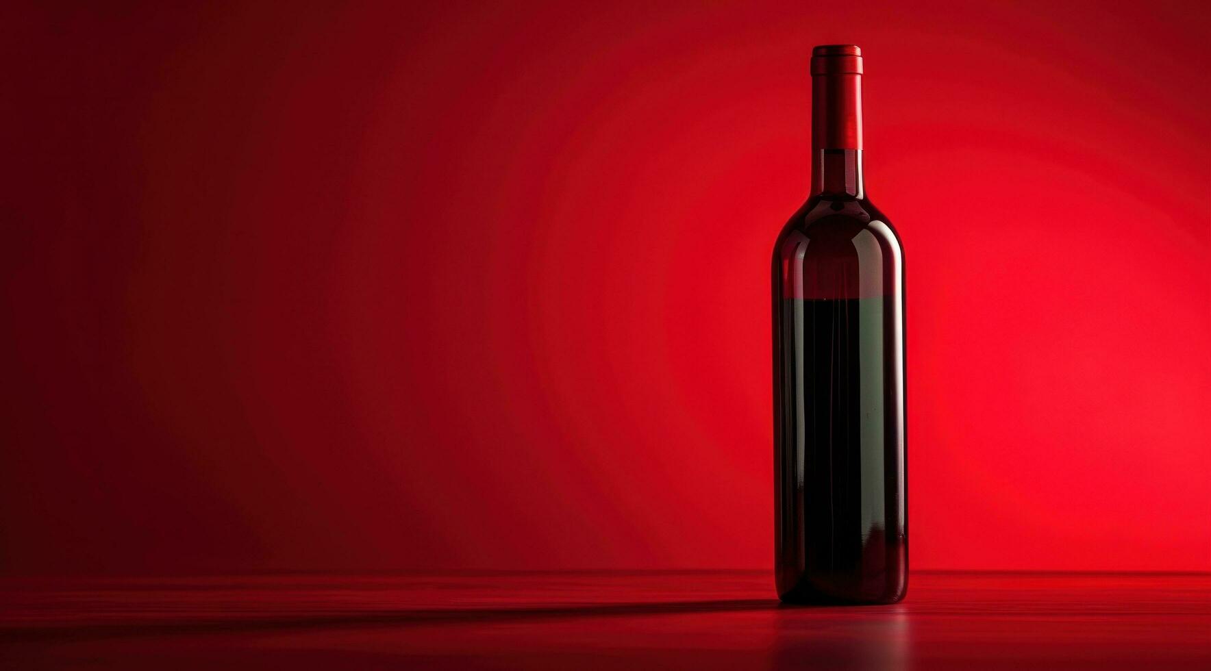 AI generated bottle of dark red wine is placed on a table with a red background photo