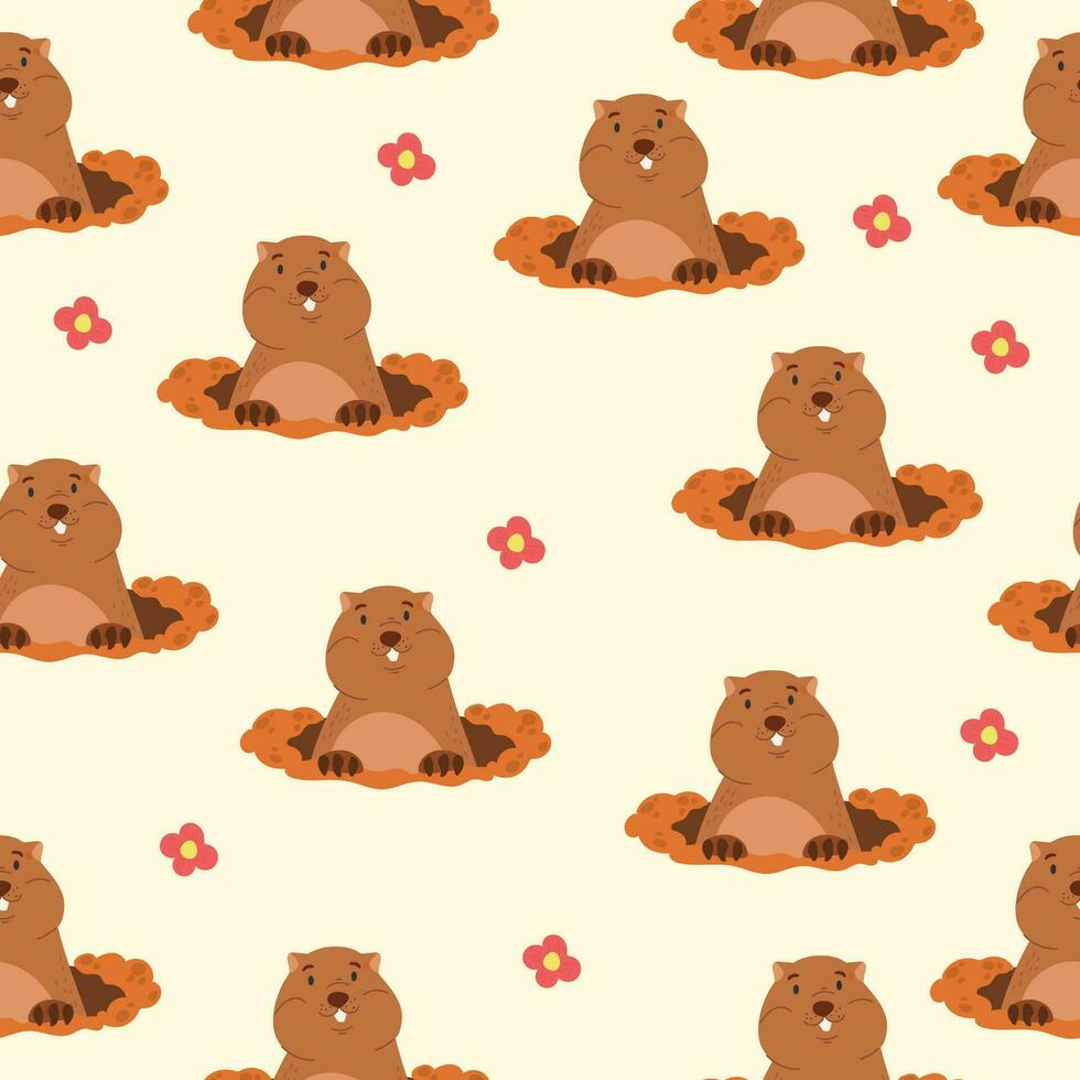 Seamless pattern with a cute cartoon groundhog, snowdrops and the inscription Groundhog Day. Flat vector illustration.