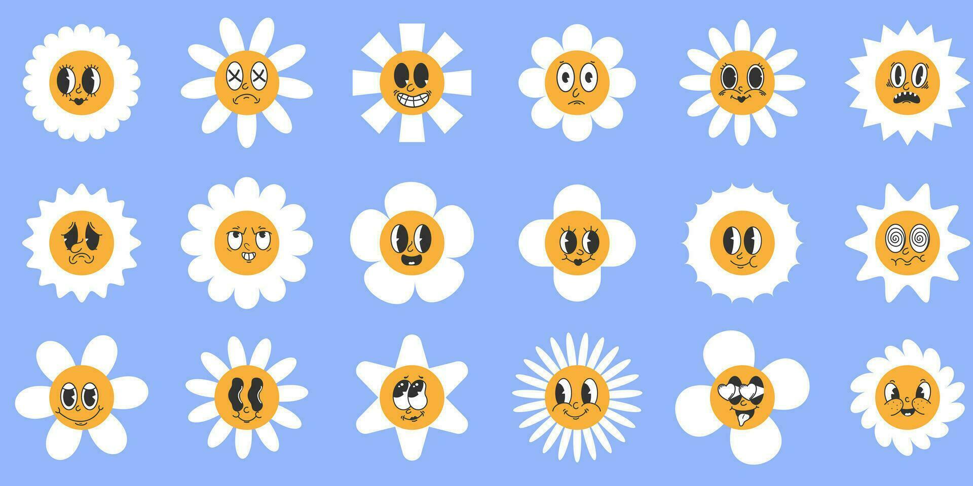 Set of daisy flowers with cute retro faces. Various emotions. Cute flower on a blue background. Big set of children's logo. Retro. vector