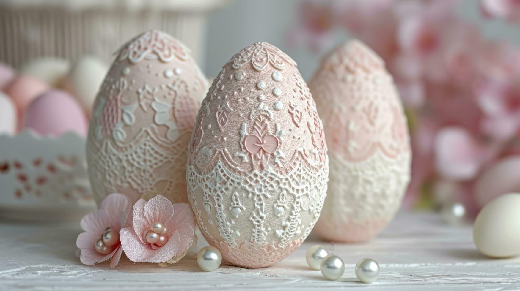 AI generated Delicate egg patterns, lace, and pearls create an Easter card sophistication photo