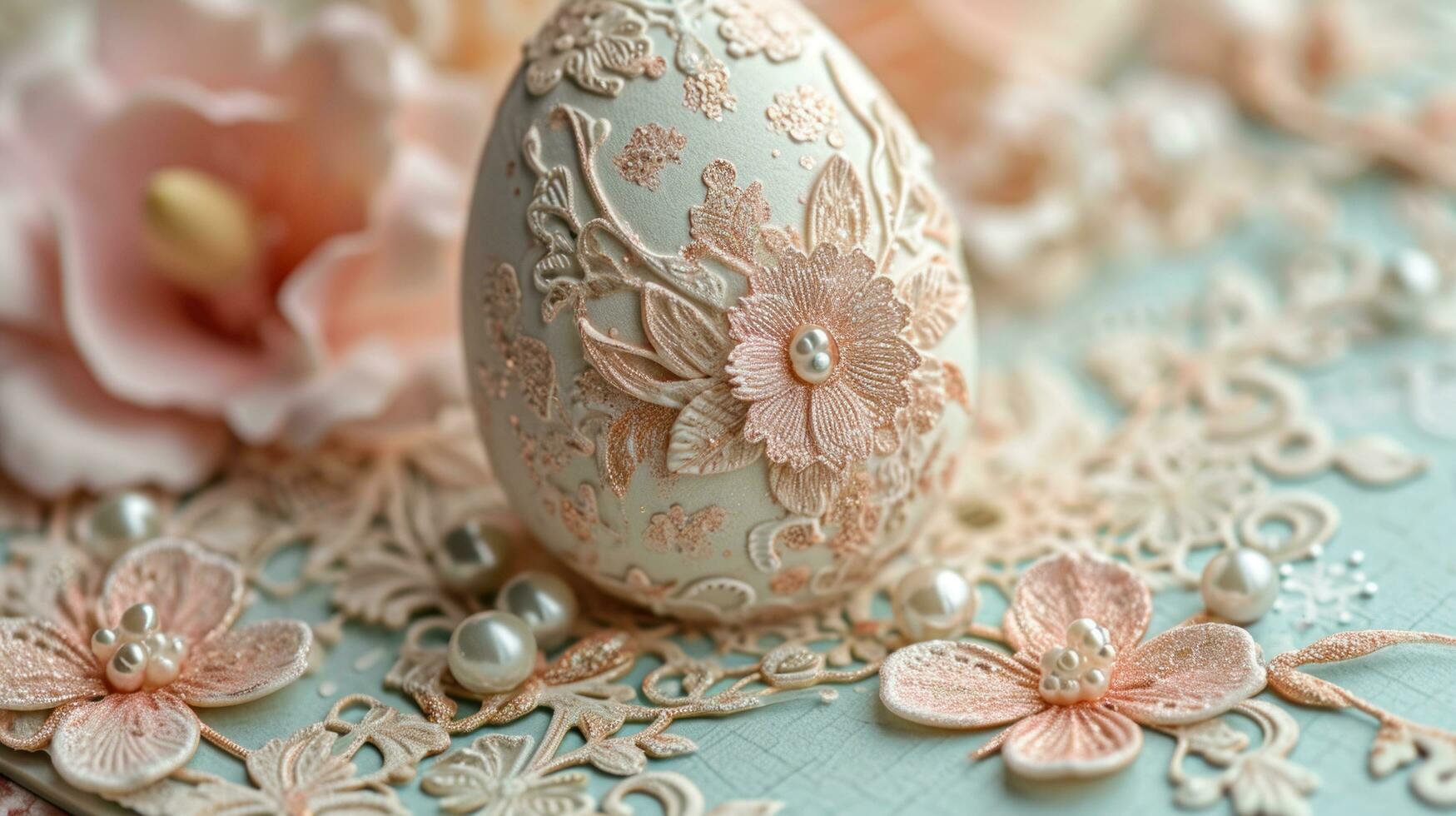 AI generated Delicate egg patterns, lace, and pearls create an Easter card sophistication photo