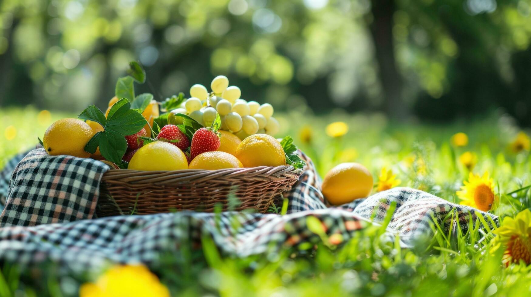 AI generated Gingham blankets, fresh fruit, and sunshine evoke a delightful spring picnic photo