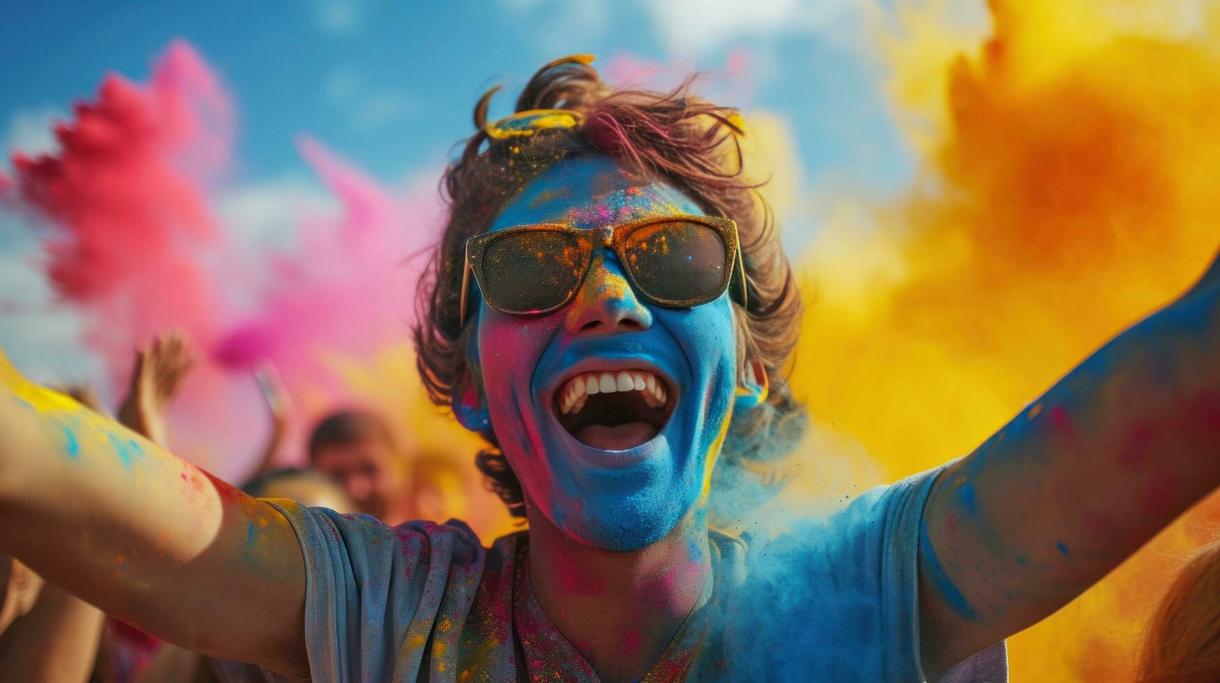 ai generado holi polvo explosiones, jubiloso caras, y vibrante festividades crear un enérgico celebracion foto