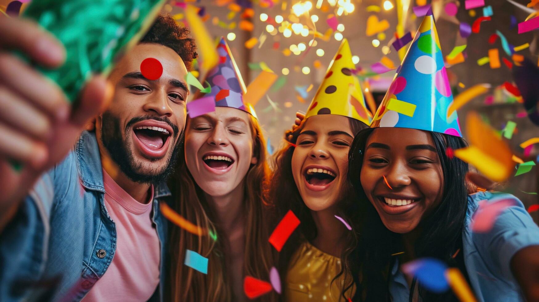 AI generated Laughing friends, party hats, and vibrant decorations for a lively birthday celebration photo