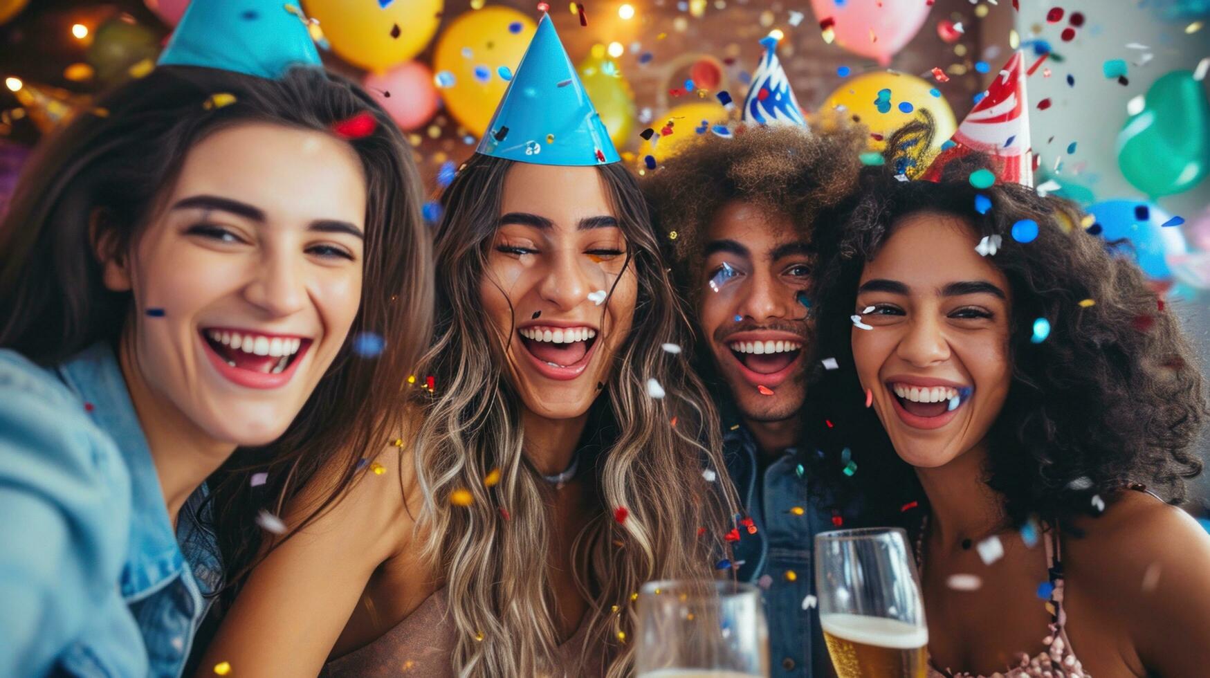 AI generated Laughing friends, party hats, and vibrant decorations for a lively birthday celebration photo