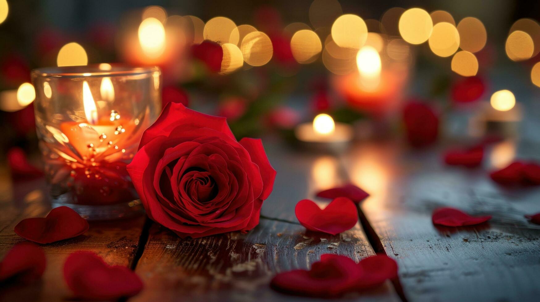 AI generated Romantic ambiance with candlelit hearts, roses, and a warm, passionate atmosphere photo