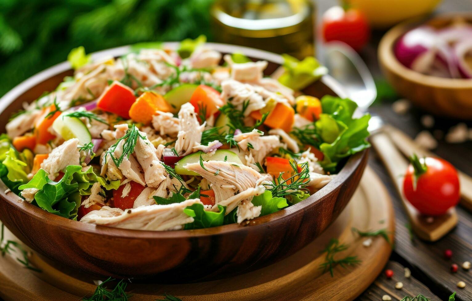 AI generated chicken salad on table with vegetables photo