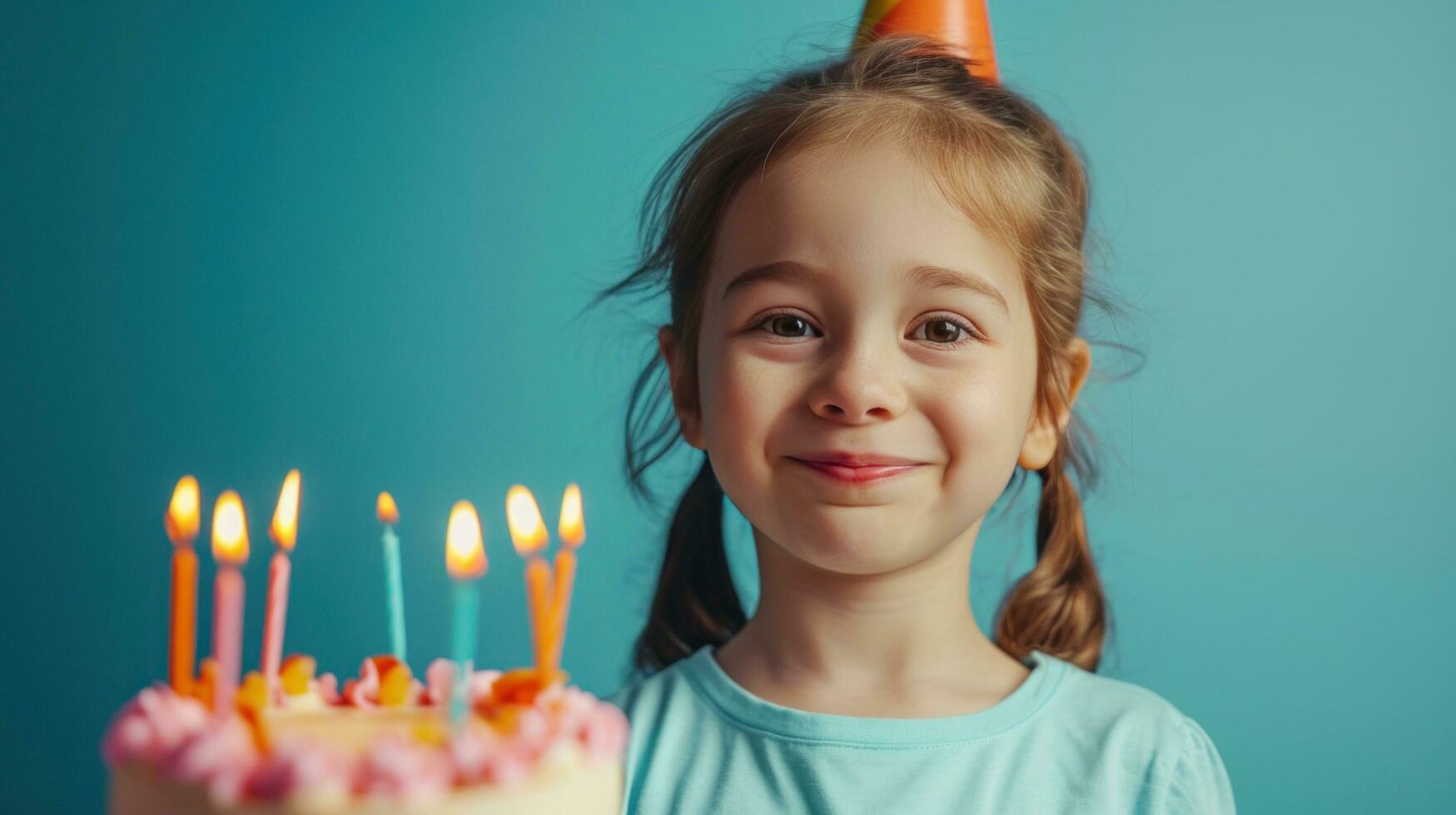 AI generated happy birthday litthe girl with birthday cake against vivid minimalist background photo