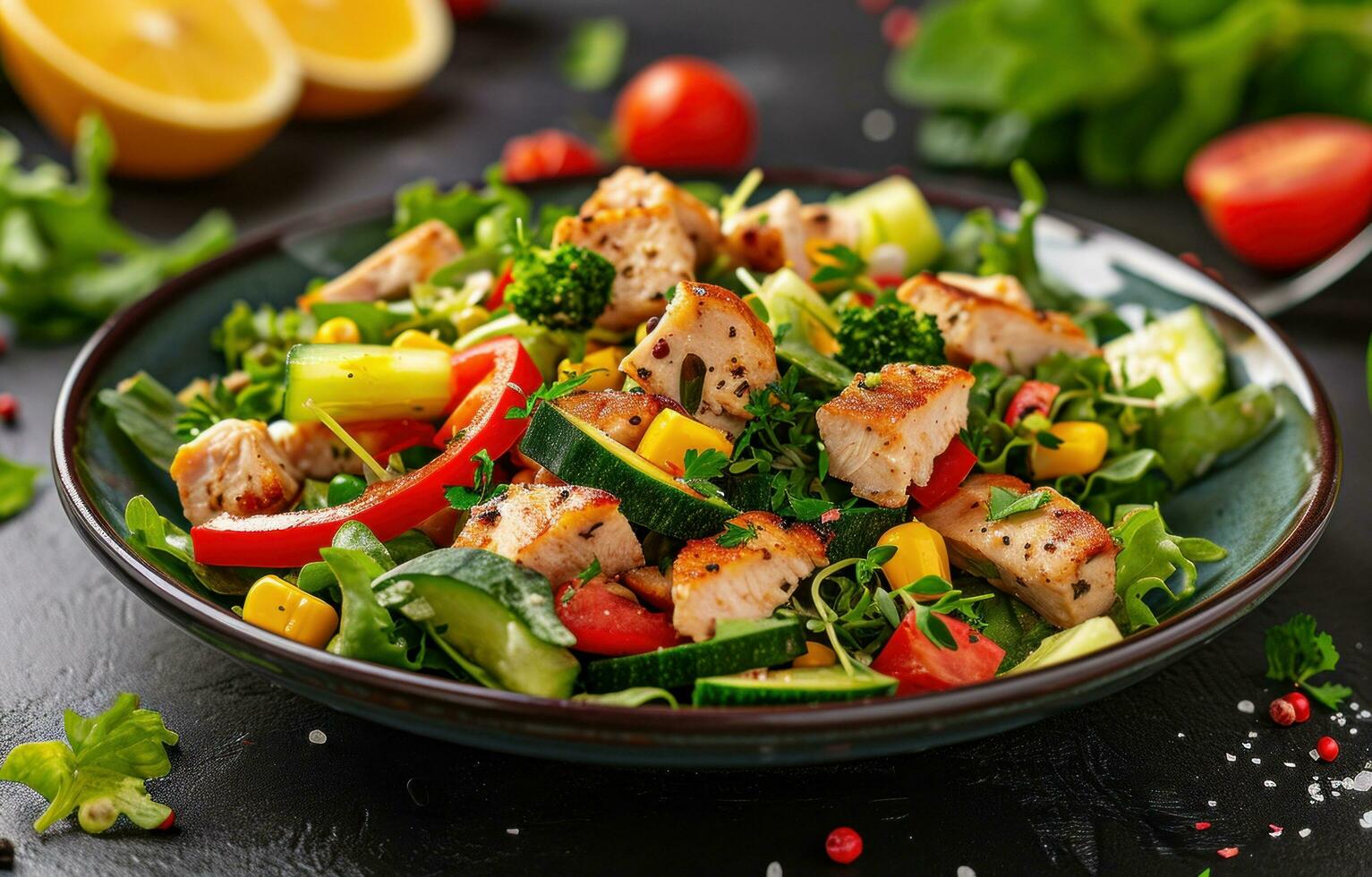 AI generated chicken salad on table with vegetables photo
