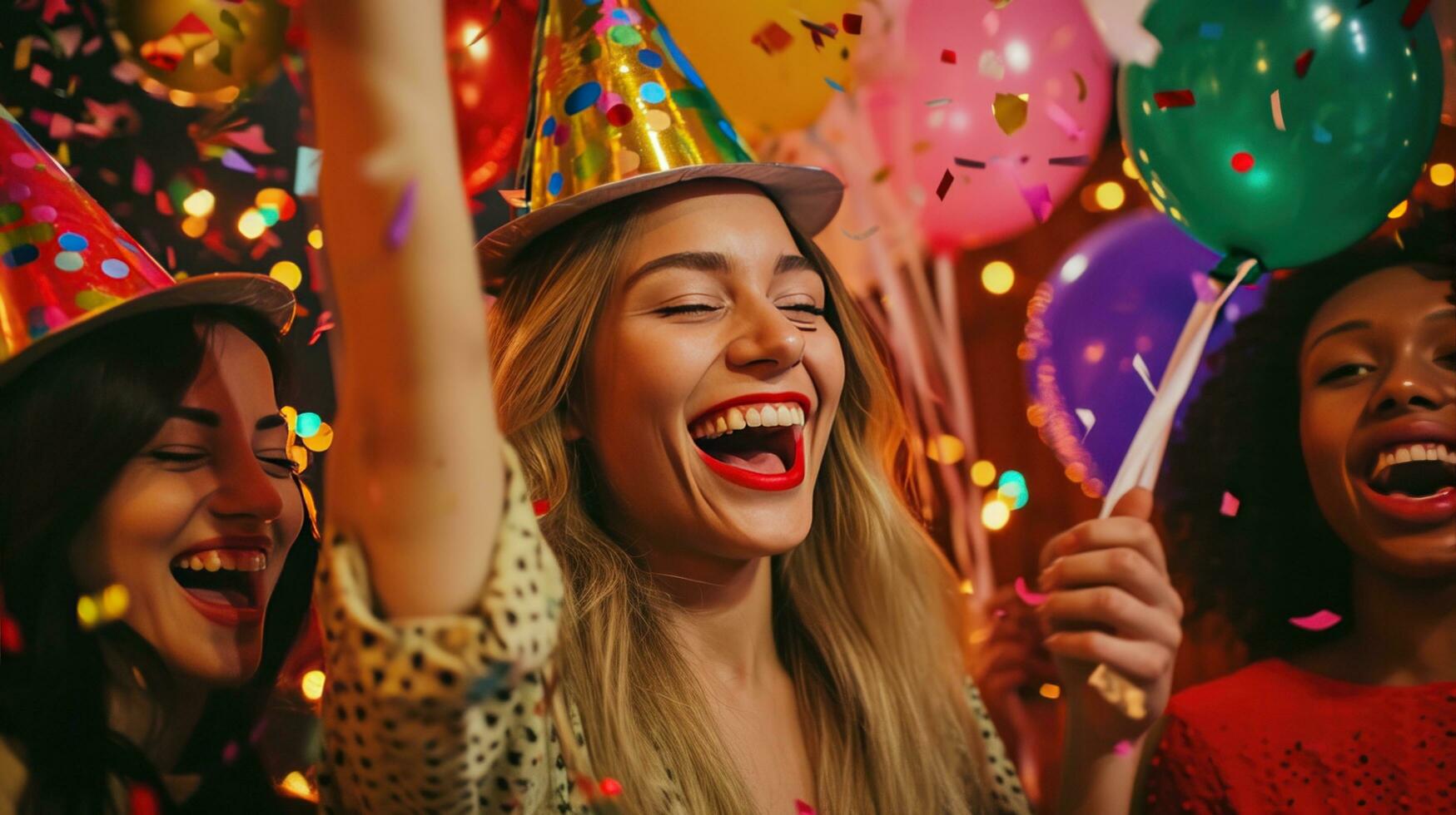 AI generated Laughing friends, party hats, and vibrant decorations for a lively birthday celebration photo