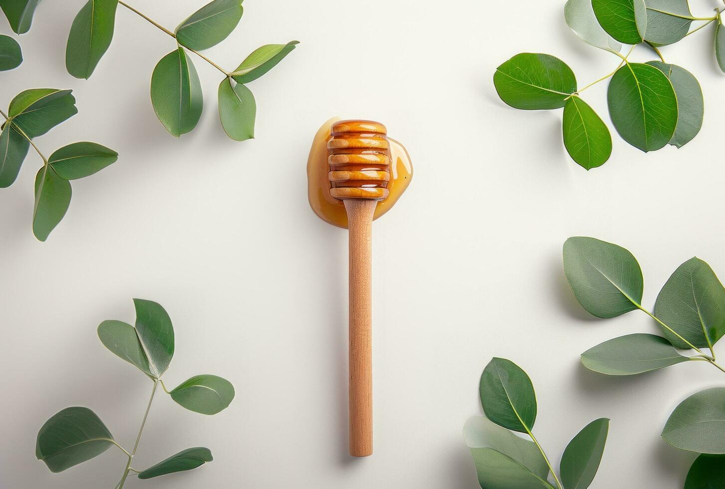 AI generated honey, honey and livia leaves on table on white background photo