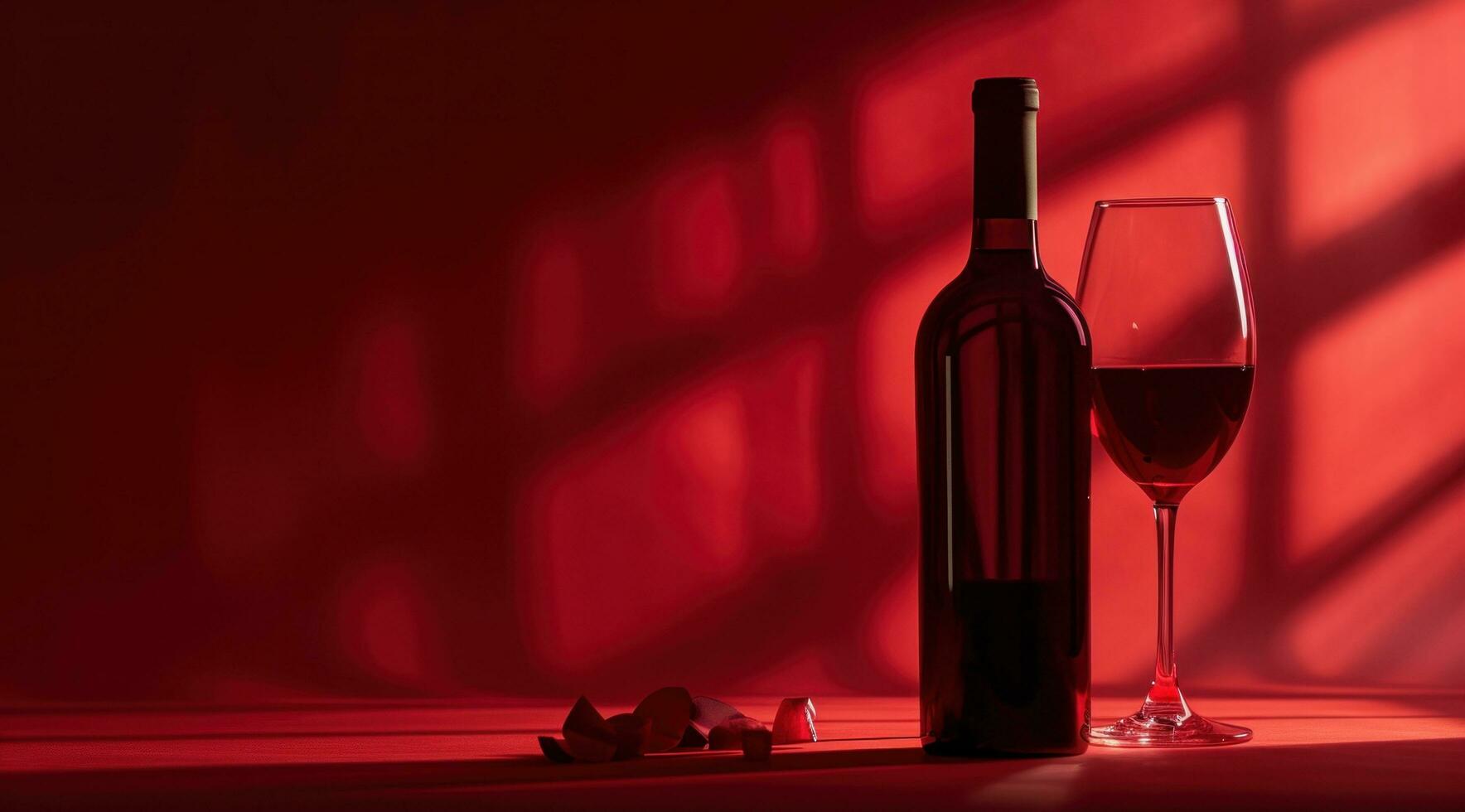 AI generated red wine bottle and glass of red wine on a red background photo