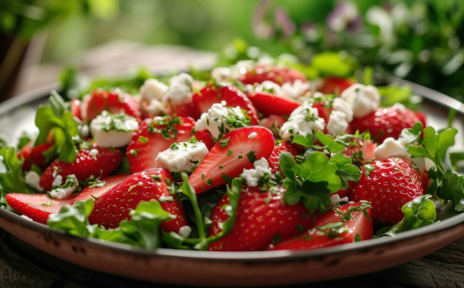 AI generated strawberries and feta are topped with green salad photo