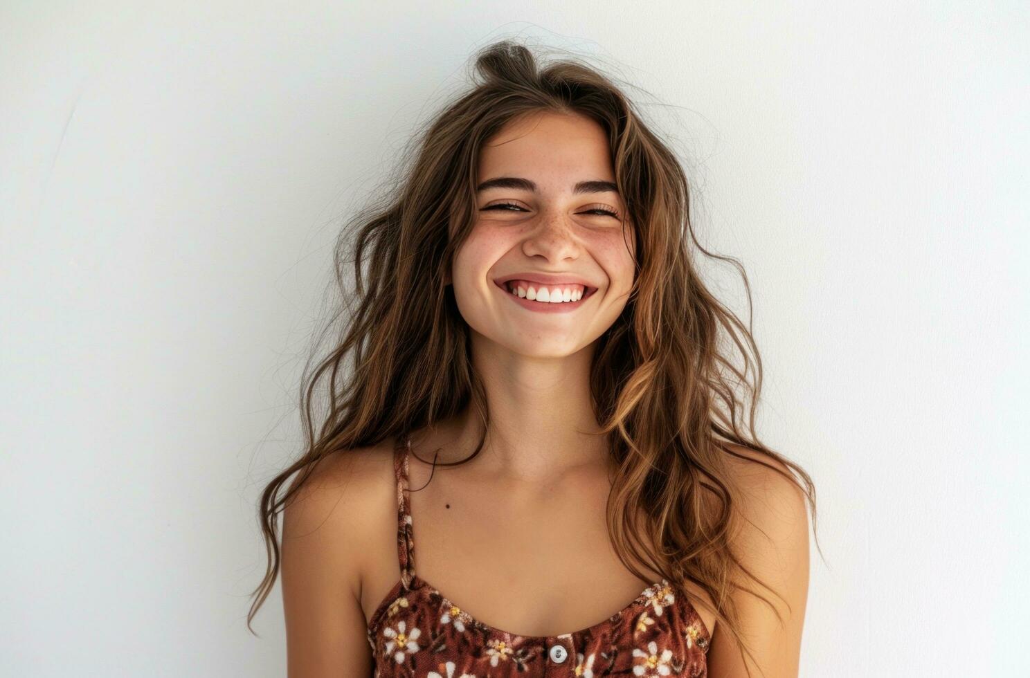 AI generated smiling happy woman laughing in studio portrait photo