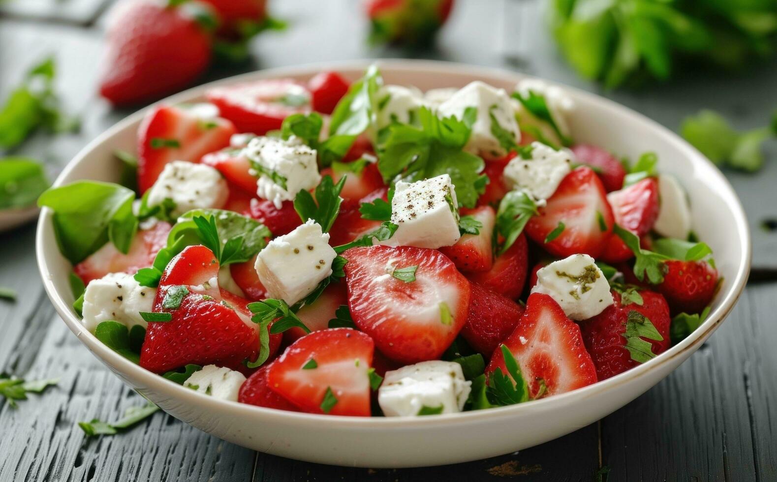 AI generated strawberries and feta are topped with green salad photo