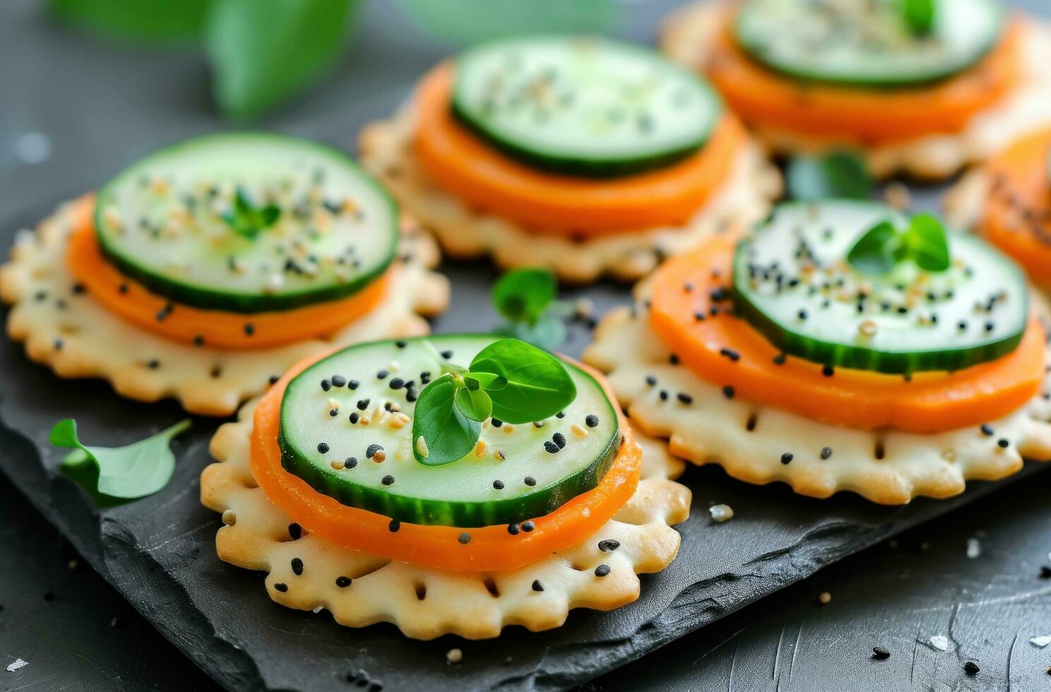 AI generated sliced crackers with carrots and cucumber photo