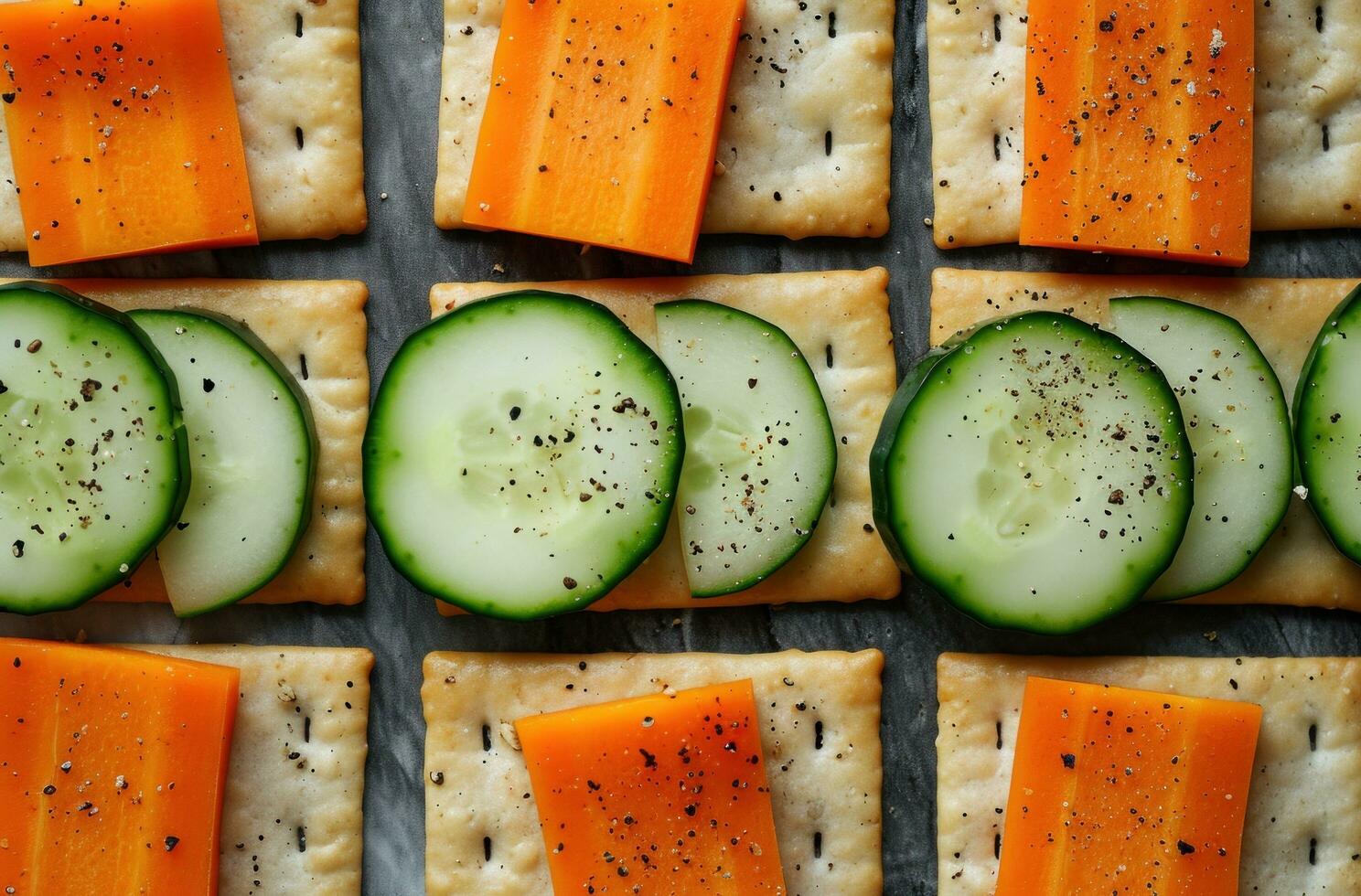 AI generated sliced crackers with carrots and cucumber photo