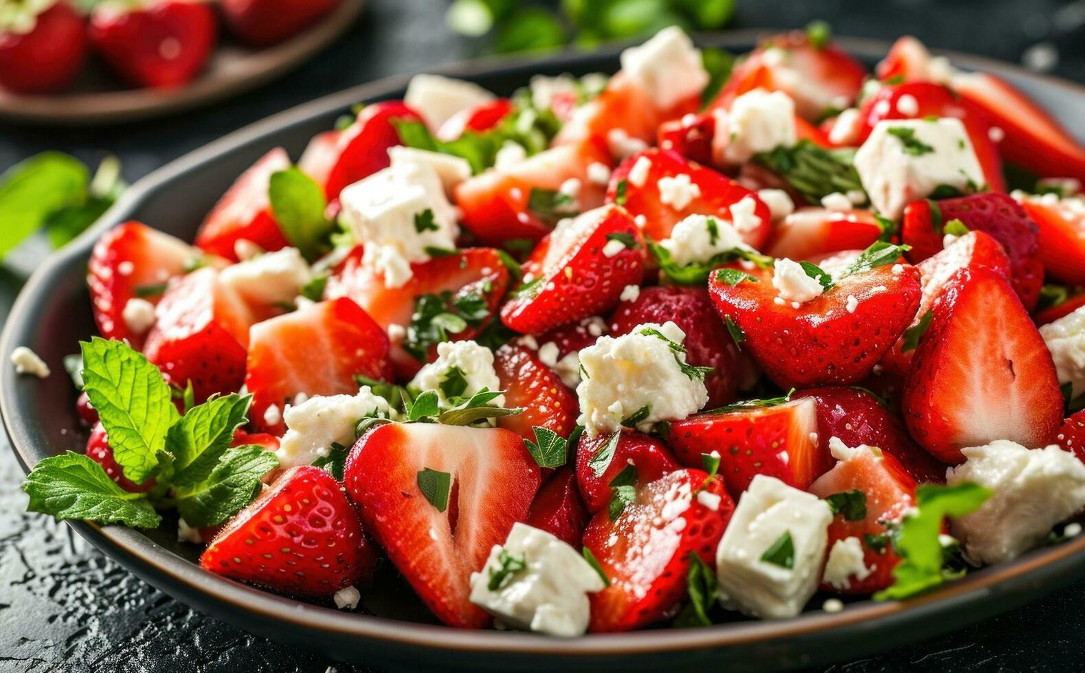 AI generated strawberries and feta are topped with green salad photo