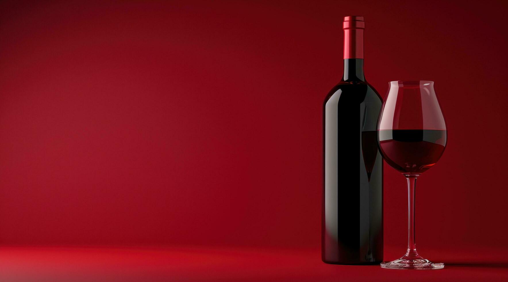 AI generated red wine bottle and glass of red wine on a red background photo