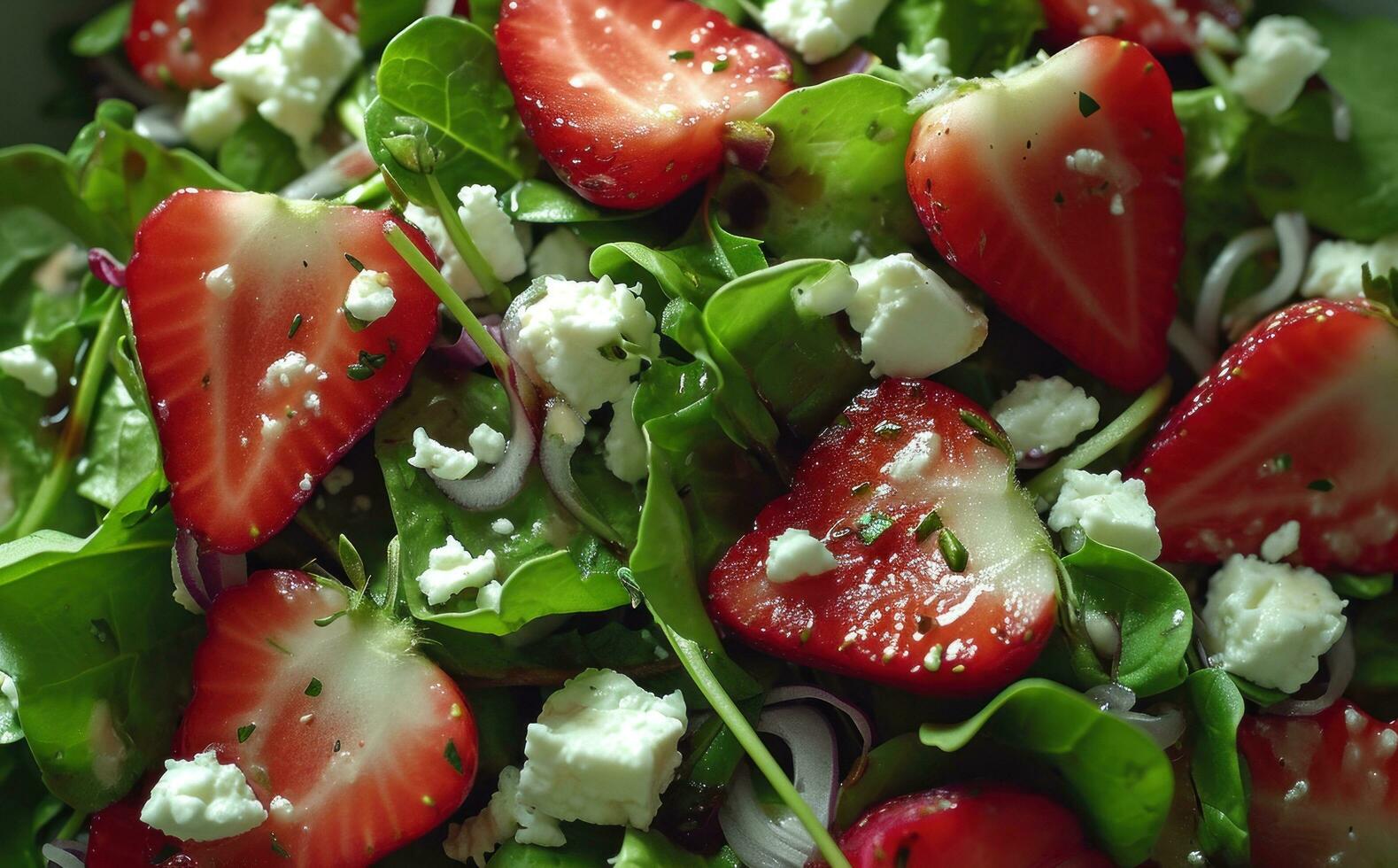 AI generated strawberries and feta are topped with green salad photo