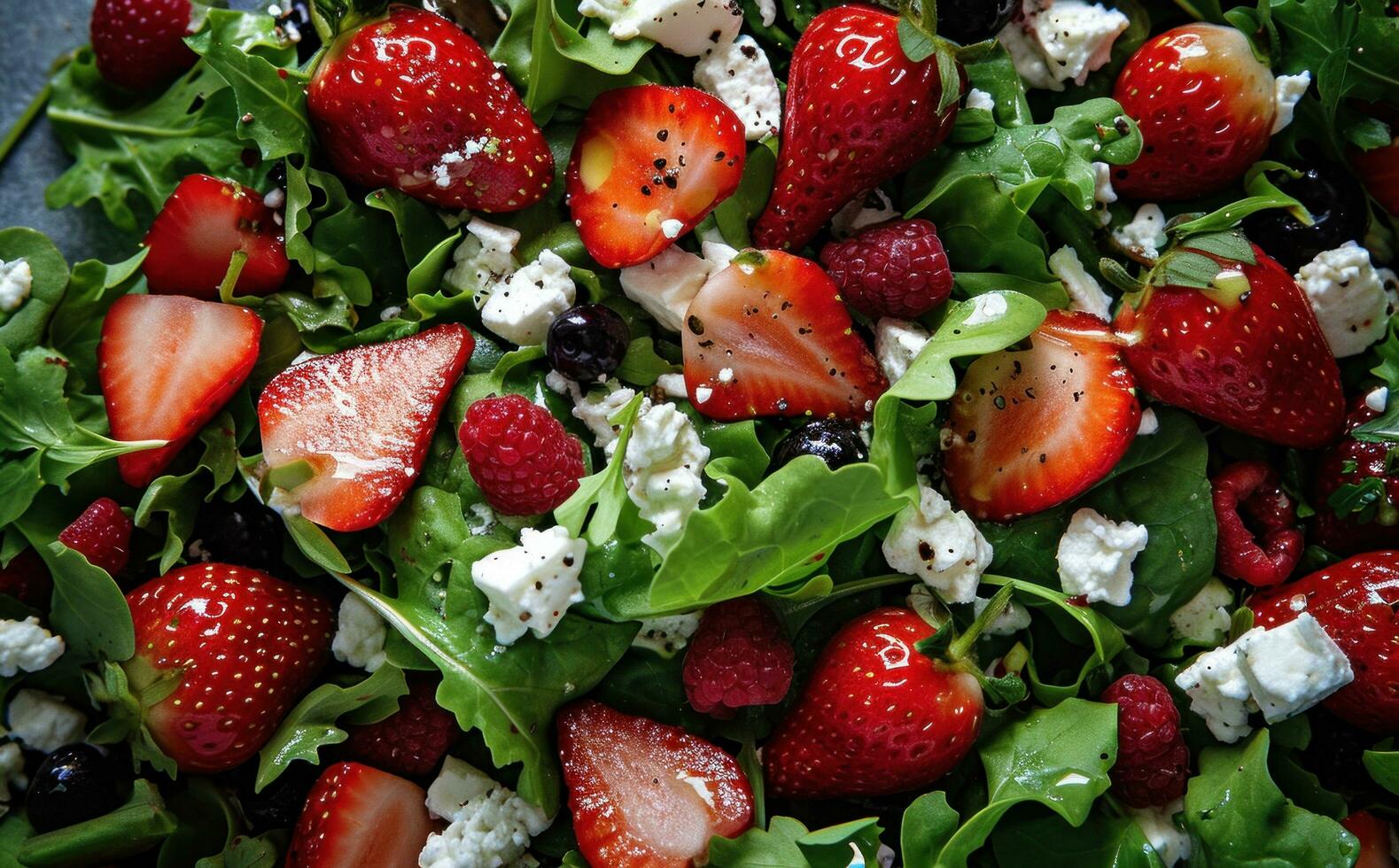 AI generated strawberries and feta are topped with green salad photo