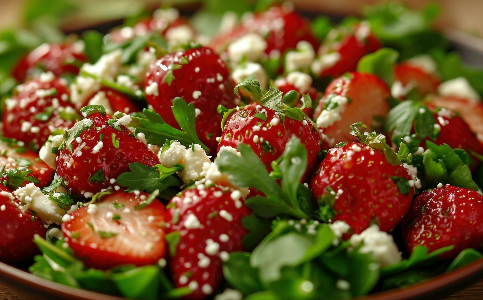 AI generated strawberries and feta are topped with green salad photo