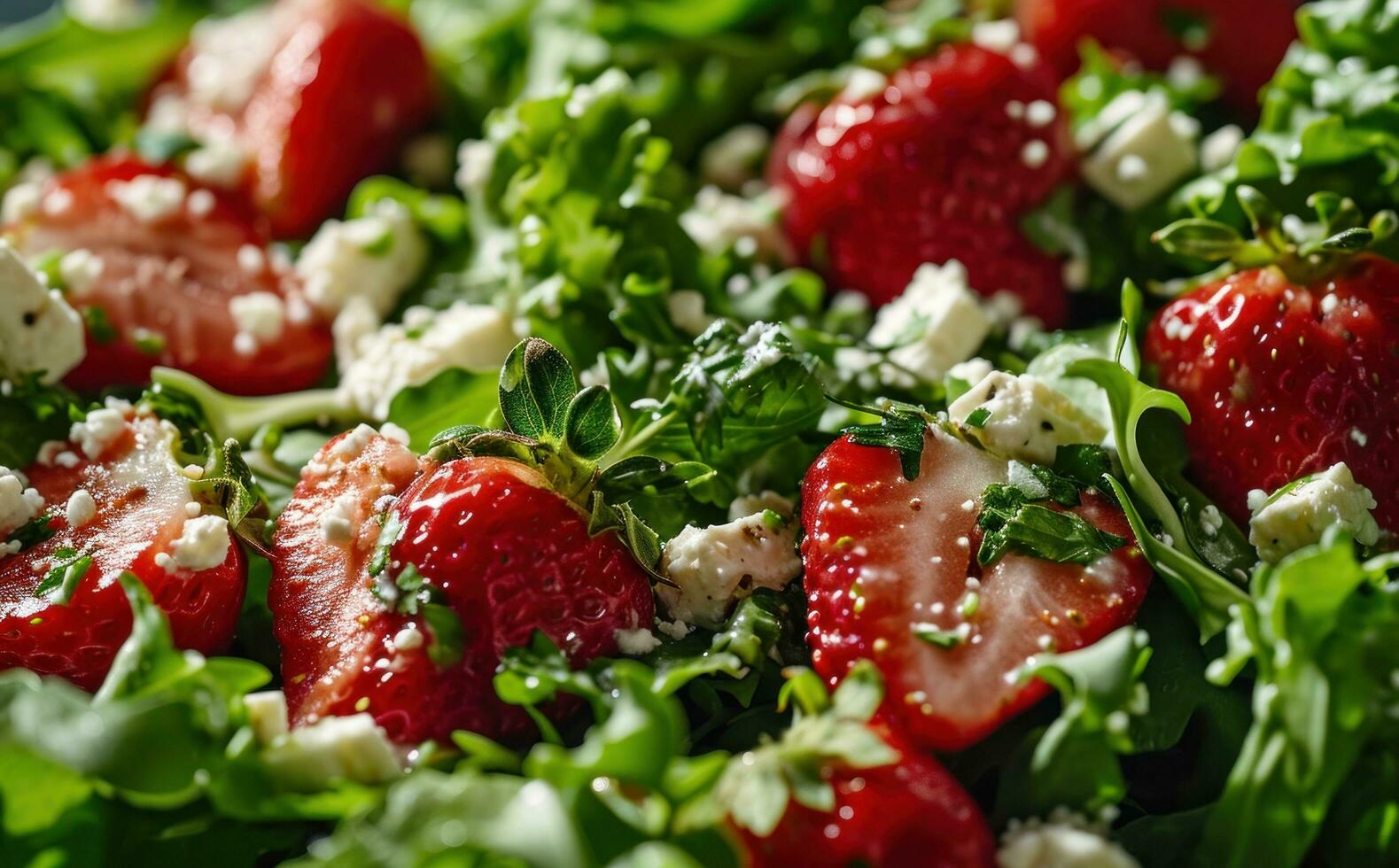 AI generated strawberries and feta are topped with green salad photo