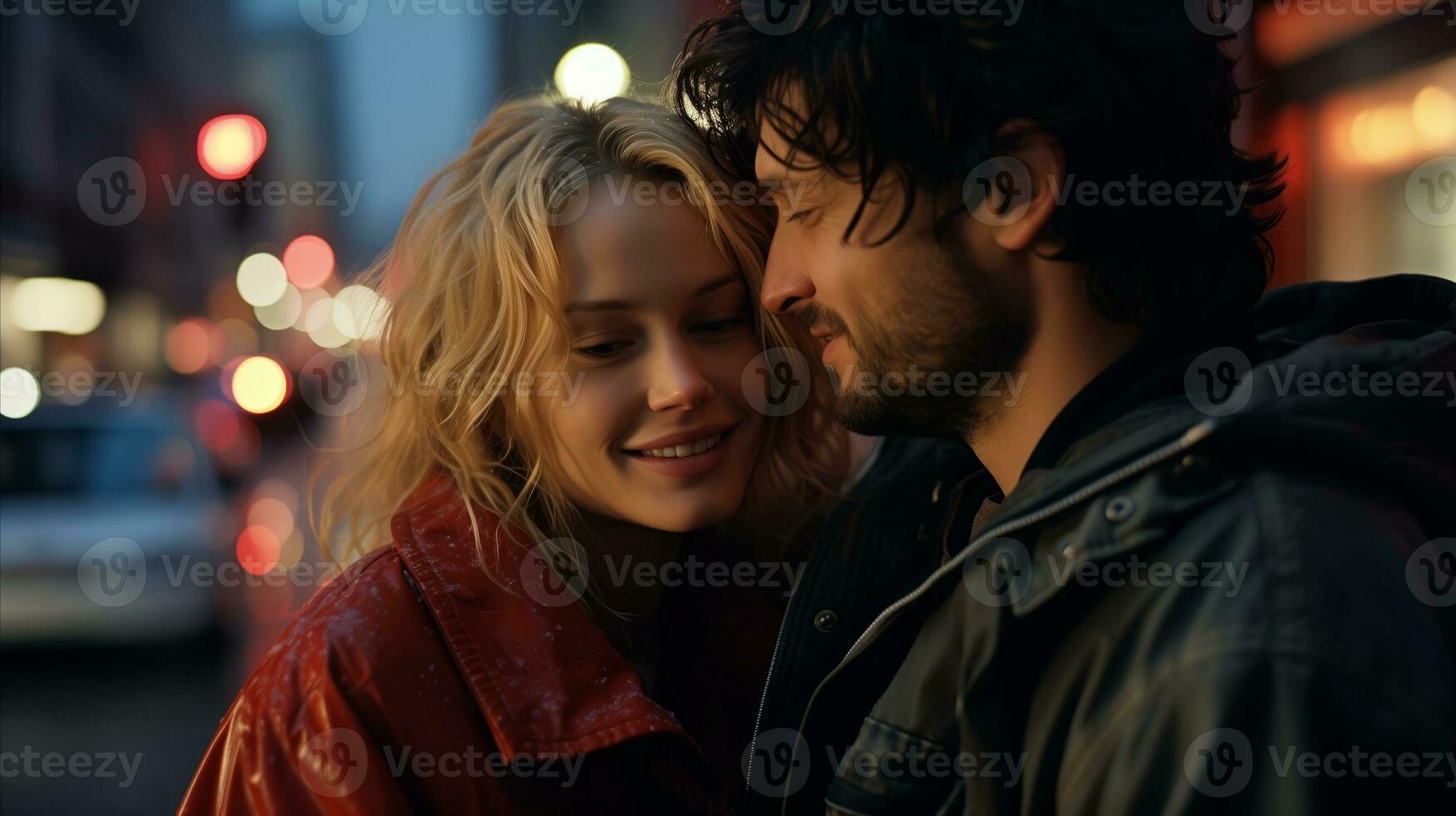 AI generated Couple sharing a happy moment on a lively street. Generative AI photo