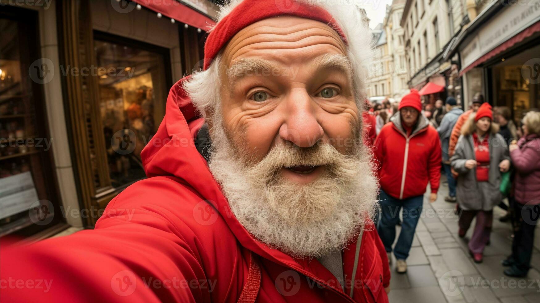 AI generated A man in a red coat smiles and poses for the camera. photo
