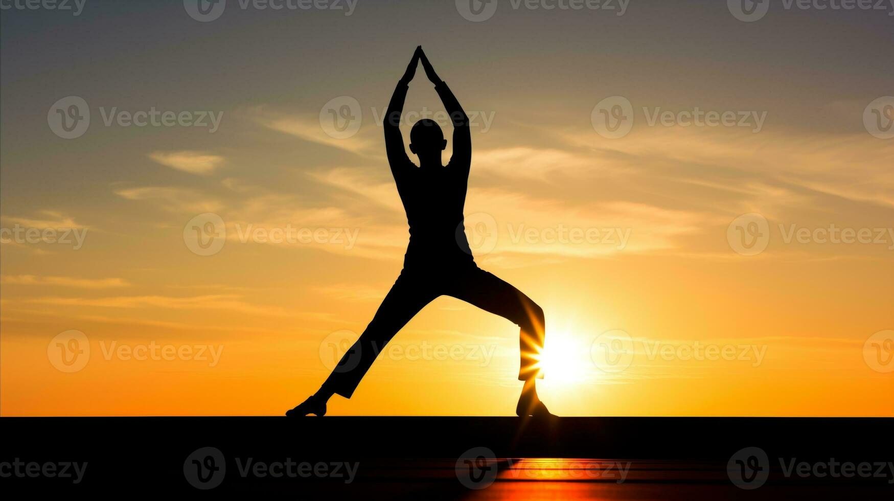 AI generated A person doing yoga at sunset, depicted as a silhouette against the colorful sky. Generative AI photo