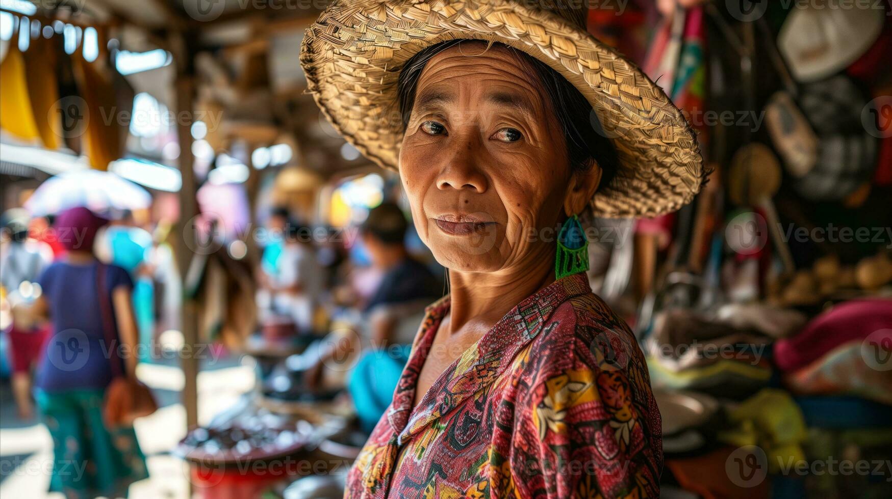 AI generated A woman wearing a straw hat in the market. Generative AI photo