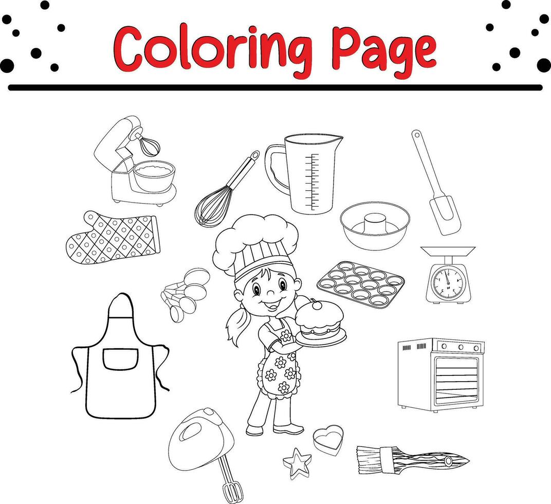 chef girl cookware Coloring page vector