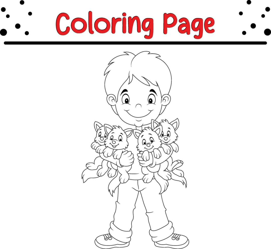 Coloring page little boy hugging kitten vector